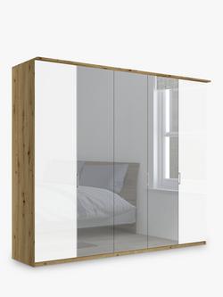 John Lewis Elstra 250cm Wardrobe with White Glass and Mirrored Hinged Doors, White Glass/Bianco Oak