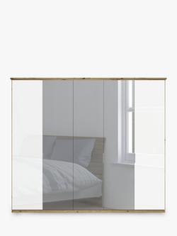 John Lewis Elstra 250cm Wardrobe with White Glass and Mirrored Hinged Doors - view 2, White Glass/Bianco Oak