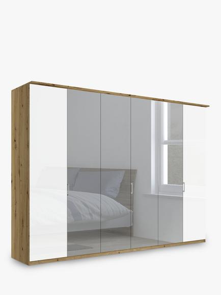 John Lewis Elstra 300cm Wardrobe with Glass and Mirrored Hinged Doors, White Glass/Bianco Oak