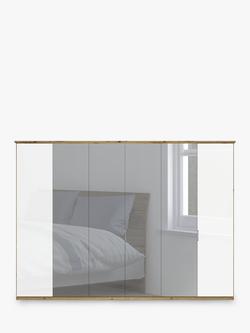 John Lewis Elstra 300cm Wardrobe with Glass and Mirrored Hinged Doors - view 2, White Glass/Bianco Oak
