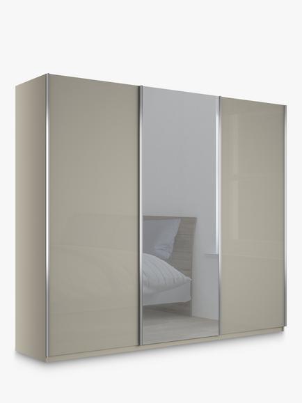 John Lewis Elstra 250cm Wardrobe with Glass and Mirrored Sliding Doors, Grey Glass/Pebble Grey