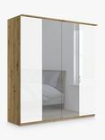 John Lewis Elstra 200cm Wardrobe with White Glass and Mirrored Hinged Doors, White Glass/Bianco Oak