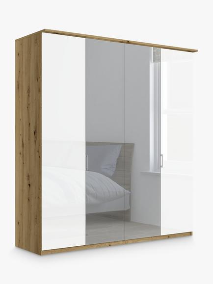 John Lewis Elstra 200cm Wardrobe with Grey Glass and Mirrored Hinged Doors, White Glass/Bianco Oak