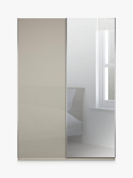 John Lewis Elstra 150cm Wardrobe with White Glass and Mirrored Sliding Doors - view 2, White Glass/Pebble Grey