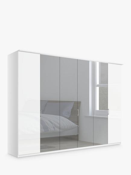 John Lewis Elstra 300cm Wardrobe with Glass and Mirrored Hinged Doors, White Glass/White