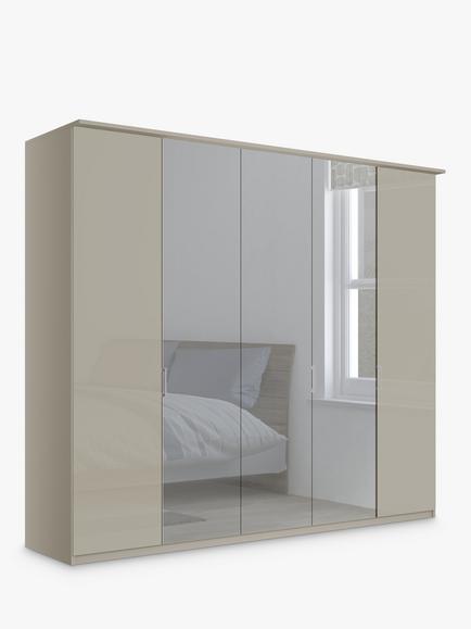 John Lewis Elstra 250cm Wardrobe with White Glass and Mirrored Hinged Doors, Grey Glass/Pebble Grey