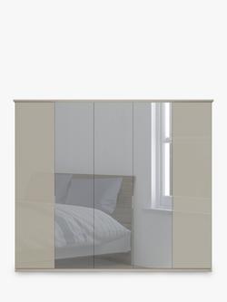 John Lewis Elstra 250cm Wardrobe with White Glass and Mirrored Hinged Doors - view 2, Grey Glass/Pebble Grey