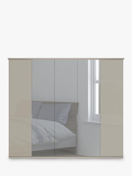 John Lewis Elstra 250cm Wardrobe with White Glass and Mirrored Hinged Doors - view 2, Grey Glass/Pebble Grey
