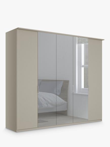 John Lewis Elstra 250cm Mirrored 5 Hinged Doors Wardrobe, Pebble Grey/Mirror