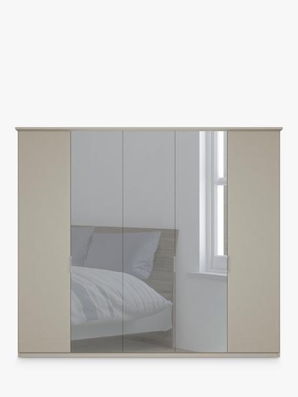 John Lewis Elstra 250cm Mirrored 5 Hinged Doors Wardrobe - view 2, Pebble Grey/Mirror