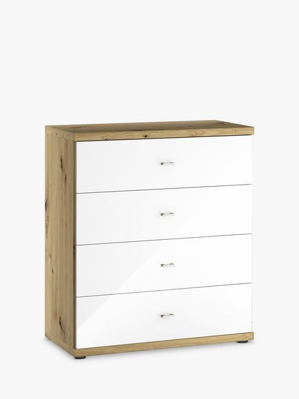 John Lewis Elstra Wide 4 Drawer Glass Front Chest, White Glass/Bianco Oak
