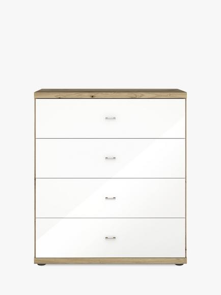 John Lewis Elstra Wide 4 Drawer Glass Front Chest - view 2, White Glass/Bianco Oak