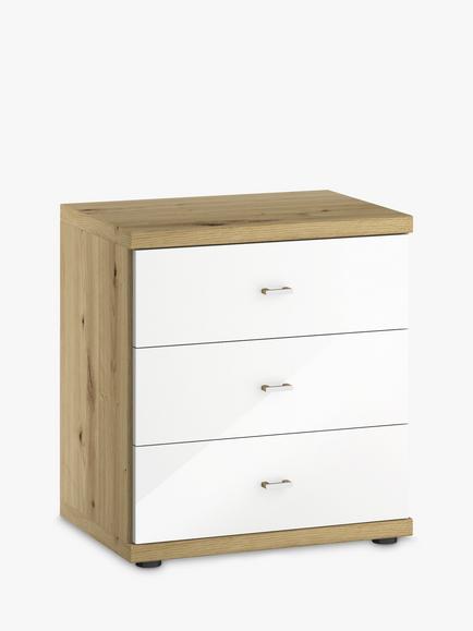 John Lewis Elstra 3 Drawer Glass Front Bedside Table, White Glass/Bianco Oak