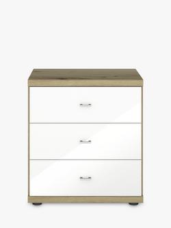 John Lewis Elstra 3 Drawer Glass Front Bedside Table - view 2, White Glass/Bianco Oak