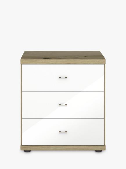 John Lewis Elstra 3 Drawer Glass Front Bedside Table - view 2, White Glass/Bianco Oak