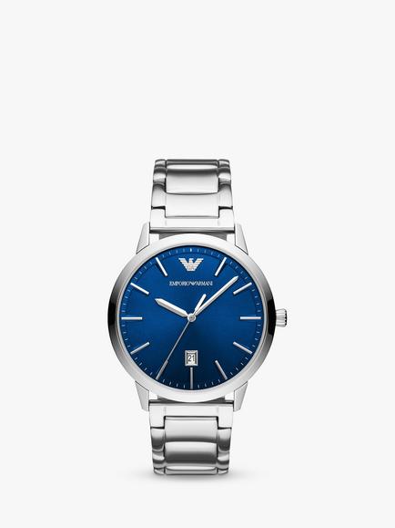Emporio Armani Men's Date Bracelet Strap Watch, Silver/Blue Ar11311