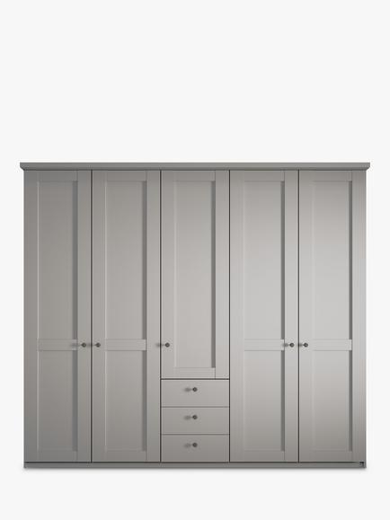 John Lewis Marlow 250cm Hinged Door Wardrobe with 3 Drawers - view 2, Pebble Grey