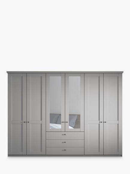 John Lewis Marlow 300cm Hinged Door Wardrobe with Mirrors & 3 Drawers - view 2, Pebble Grey
