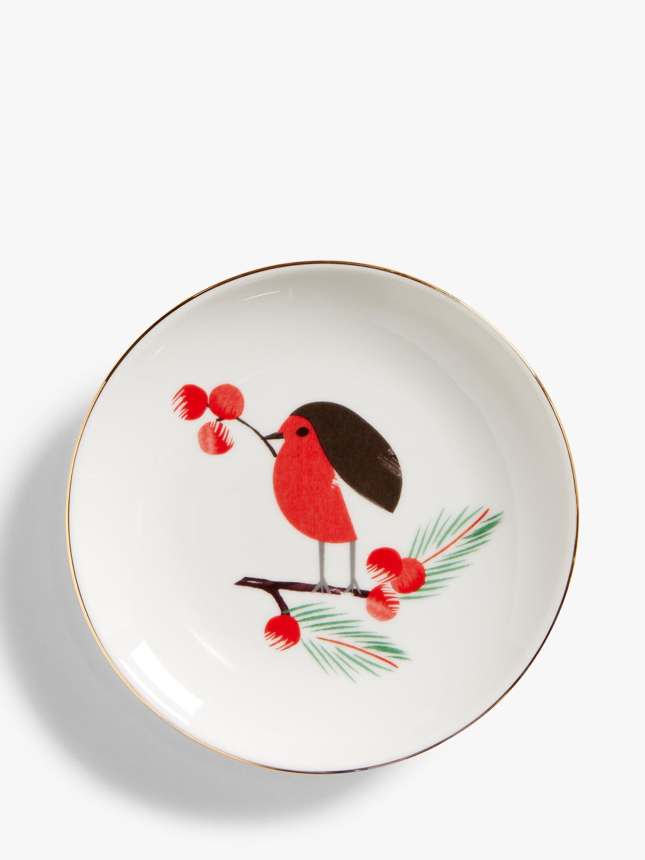 John Lewis Robin & Berry Print Mince Pie Plate, 14.5cm, Red/White
