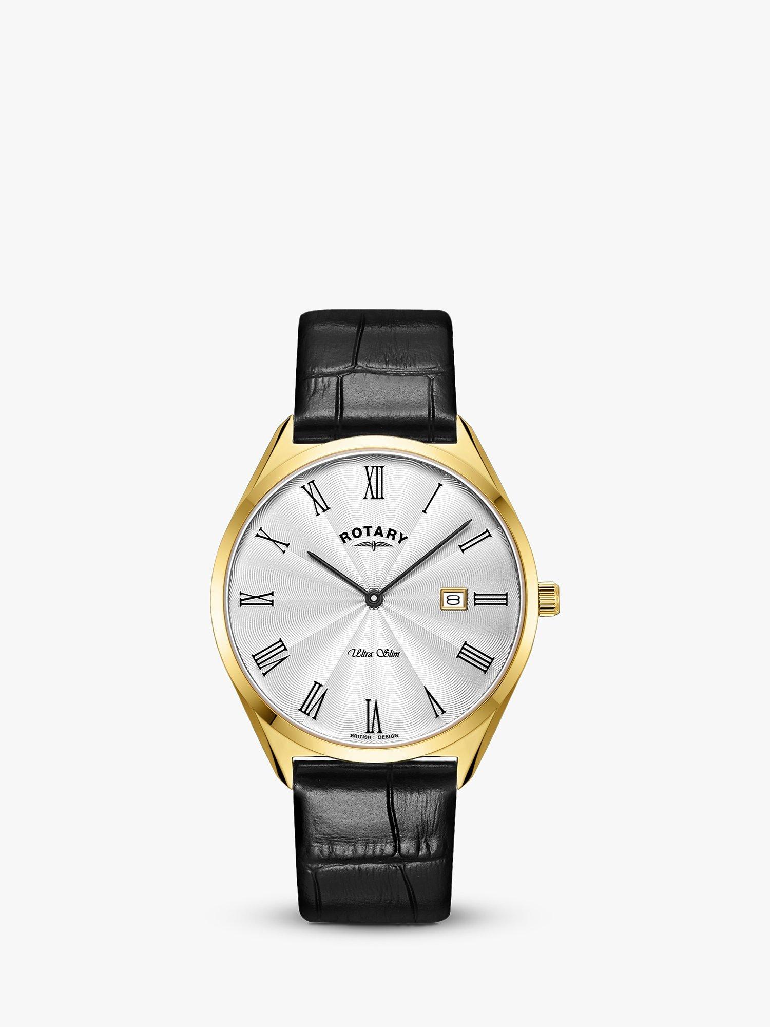 Rotary Men's Ultra Slim Date Leather Strap Watch, Black/Gold GS08013/01