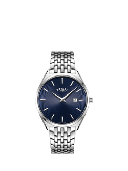 Rotary GB08010/05 Men's Ultra Slim Date Bracelet Strap Watch, Silver/Blue, Silver/Blue