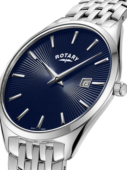 Rotary GB08010/05 Men's Ultra Slim Date Bracelet Strap Watch, Silver/Blue - view 2, Silver/Blue