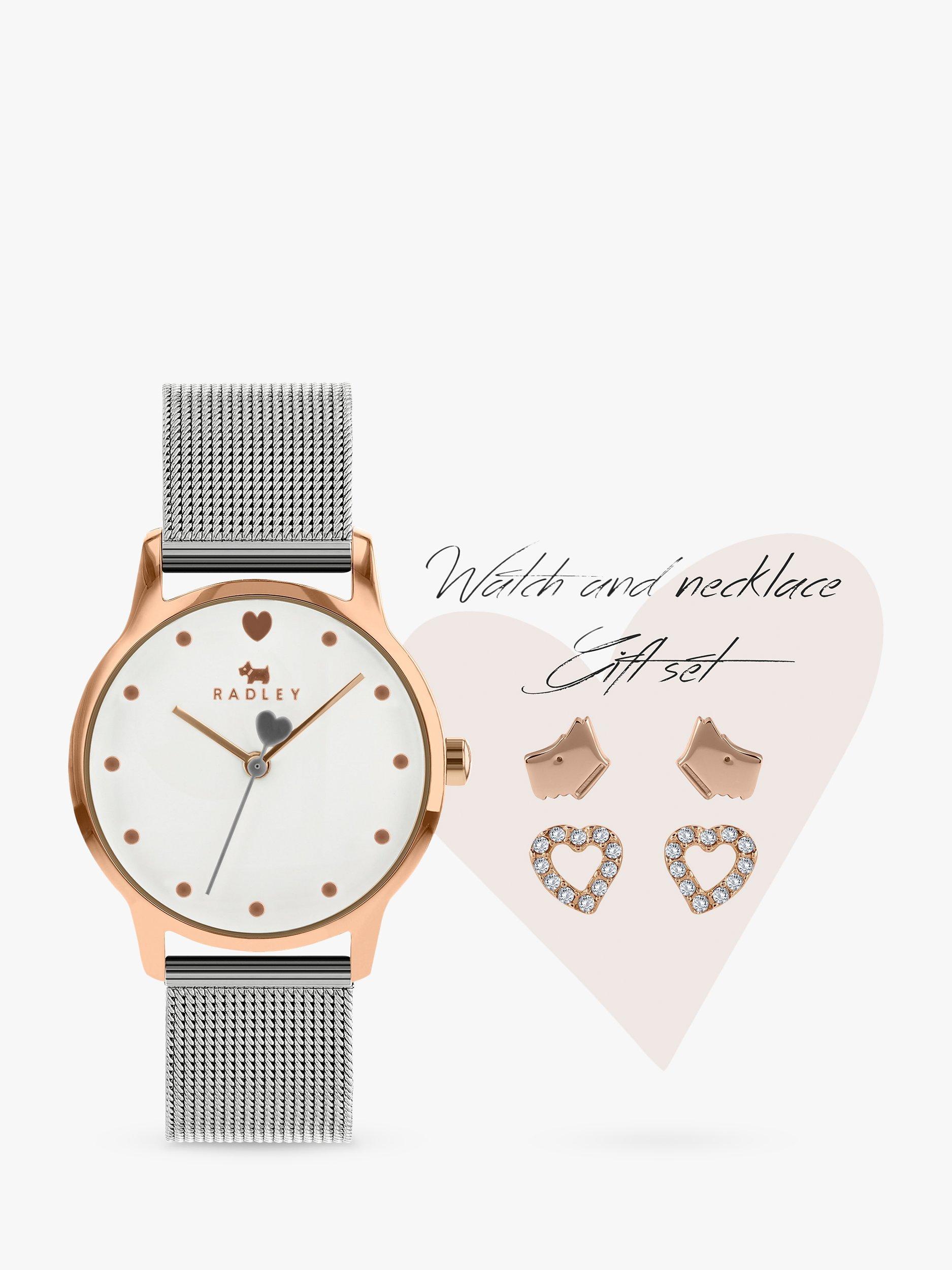 Radley RY4411A-SET Women's Heart Stud Earrings and Mesh Bracelet Strap Watch Gift Set, Silver/White