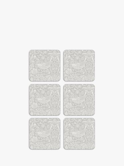 Morris & Co. Strawberry Thief Pure Morris Cork-Backed Coasters, Set of 6, White