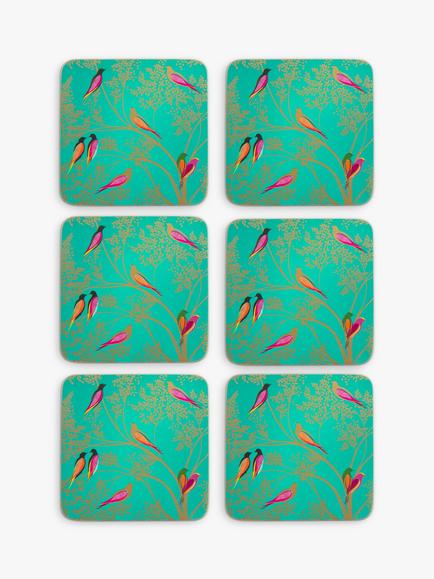 Sara Miller Chelsea Collection Cork-Backed Birds Coasters, Set of 6, Green/Multi, Green/Multi