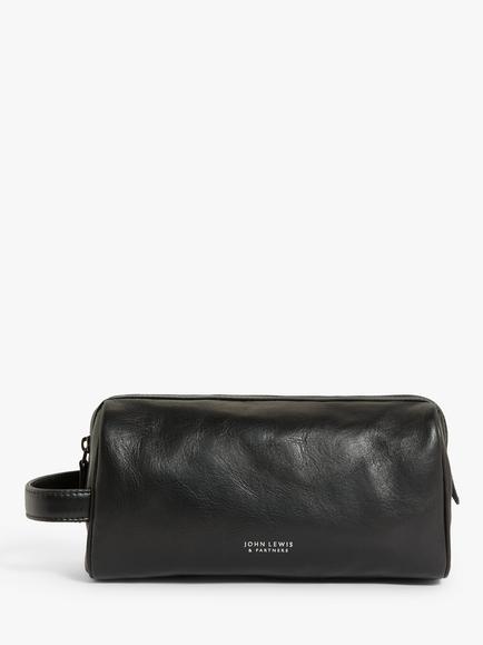 John Lewis Vegetable Tan Leather Wash Bag, Black