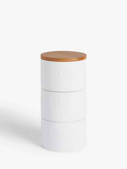 John Lewis Stacking Tea Coffee Sugar Ceramic Storage Containers, Set of 3, 550ml, White, White