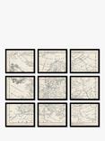 Map of Europe Vintage Framed Prints Set, 9 Piece, Brown/Multi
