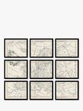 Map of Europe Vintage Framed Prints Set, 9 Piece, Brown/Multi