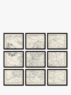 Map of Europe Vintage Framed Prints Set, 9 Piece, Brown/Multi, Brown/Multi