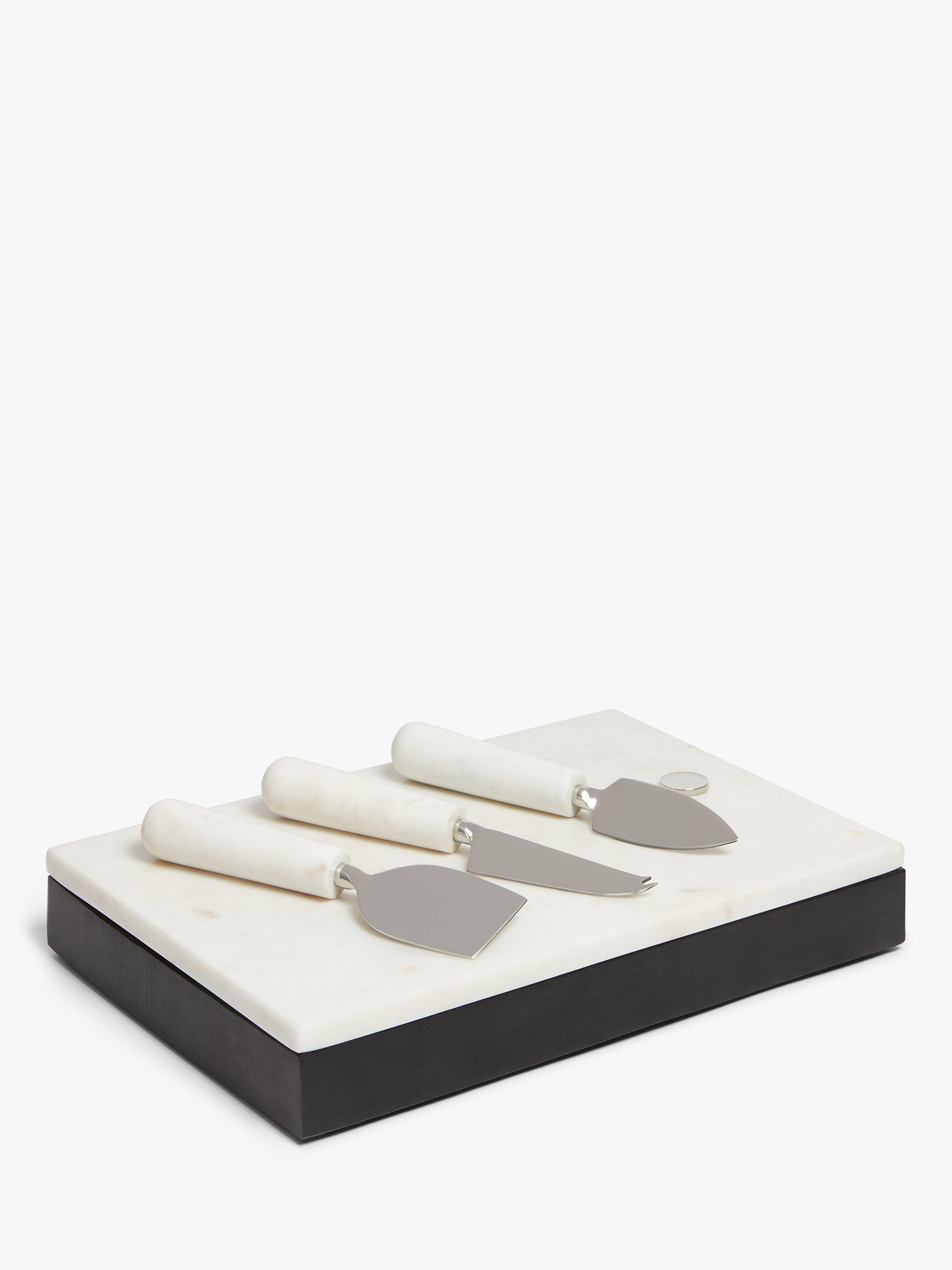 John Lewis & Partners Marble & Wood Cheese Board with 3 Cheese Knives Set, White