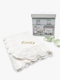 Babyblooms Personalised Traditional Knitted Christening Blanket, White, White