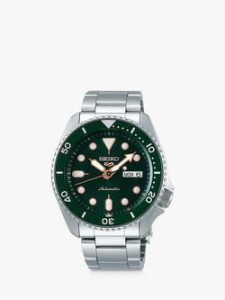 Seiko SRPD63K1 Men's 5 Sports Automatic Day Date Bracelet Strap Watch, Silver/Green, Silver/Green