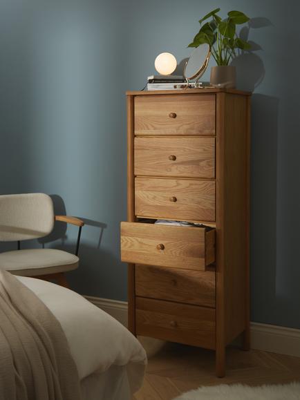 John Lewis Spindle 6 Drawer Tallboy Chest - view 2, Oak