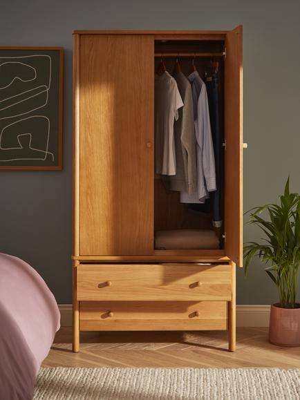 John Lewis Spindle Double Wardrobe with 2 Drawers, Oak - view 2, Oak