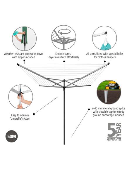 Brabantia Topspinner Rotary Clothes Outdoor Airer Washing Line with Ground Spike and Cover, 50m, Metallic Grey, Metallic Grey