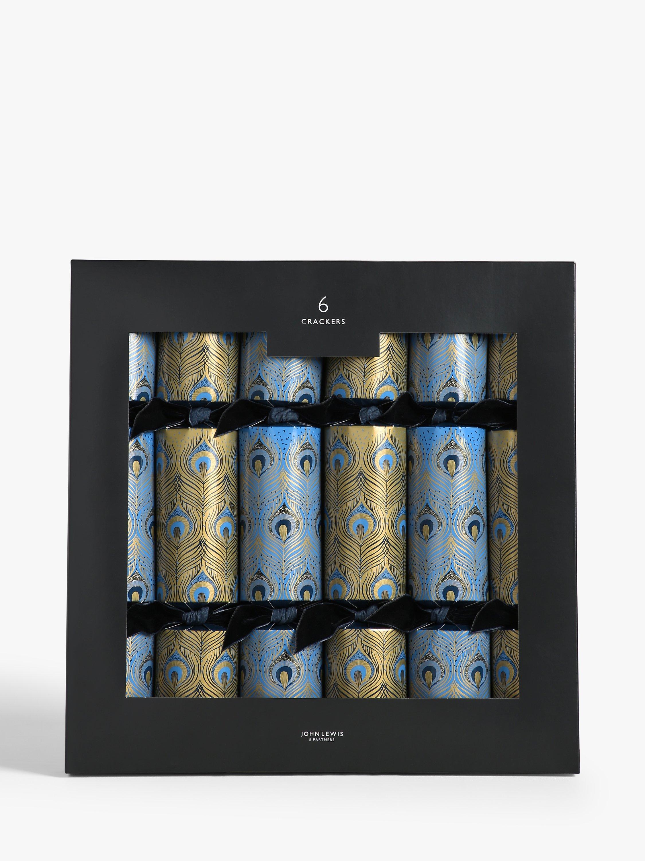 John Lewis & Partners Art Nouveau Peacock Feather Christmas Crackers, Pack of 6, Blue / Gold