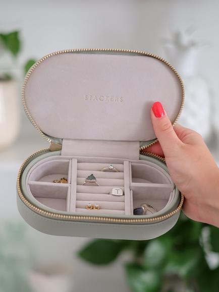 Stackers Oval Travel Jewellery Case - view 2, Sage Green