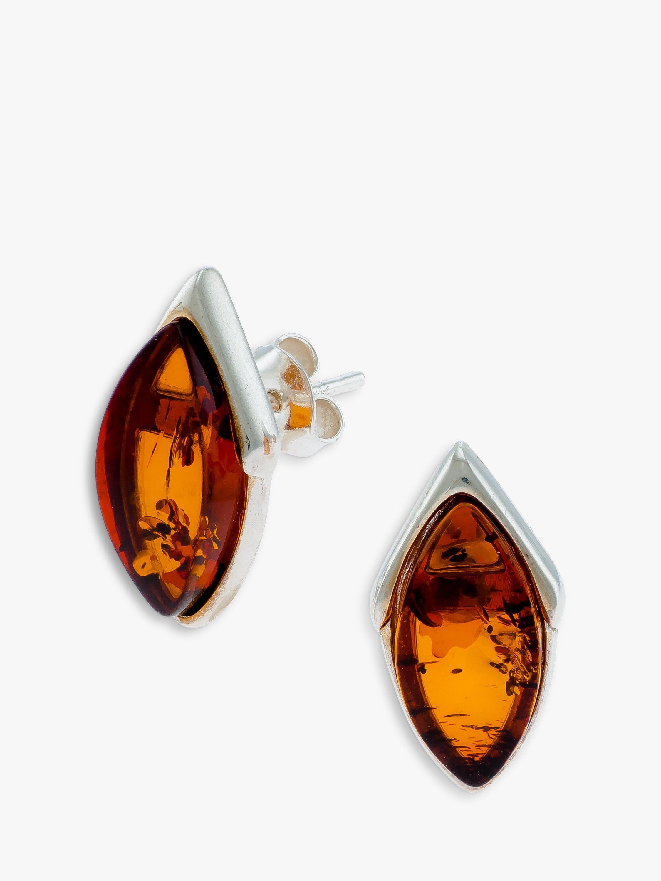 Product image 1 of 4, which shows Be-Jewelled Marquise Baltic Amber Stud Earrings, Silver/Cognac
