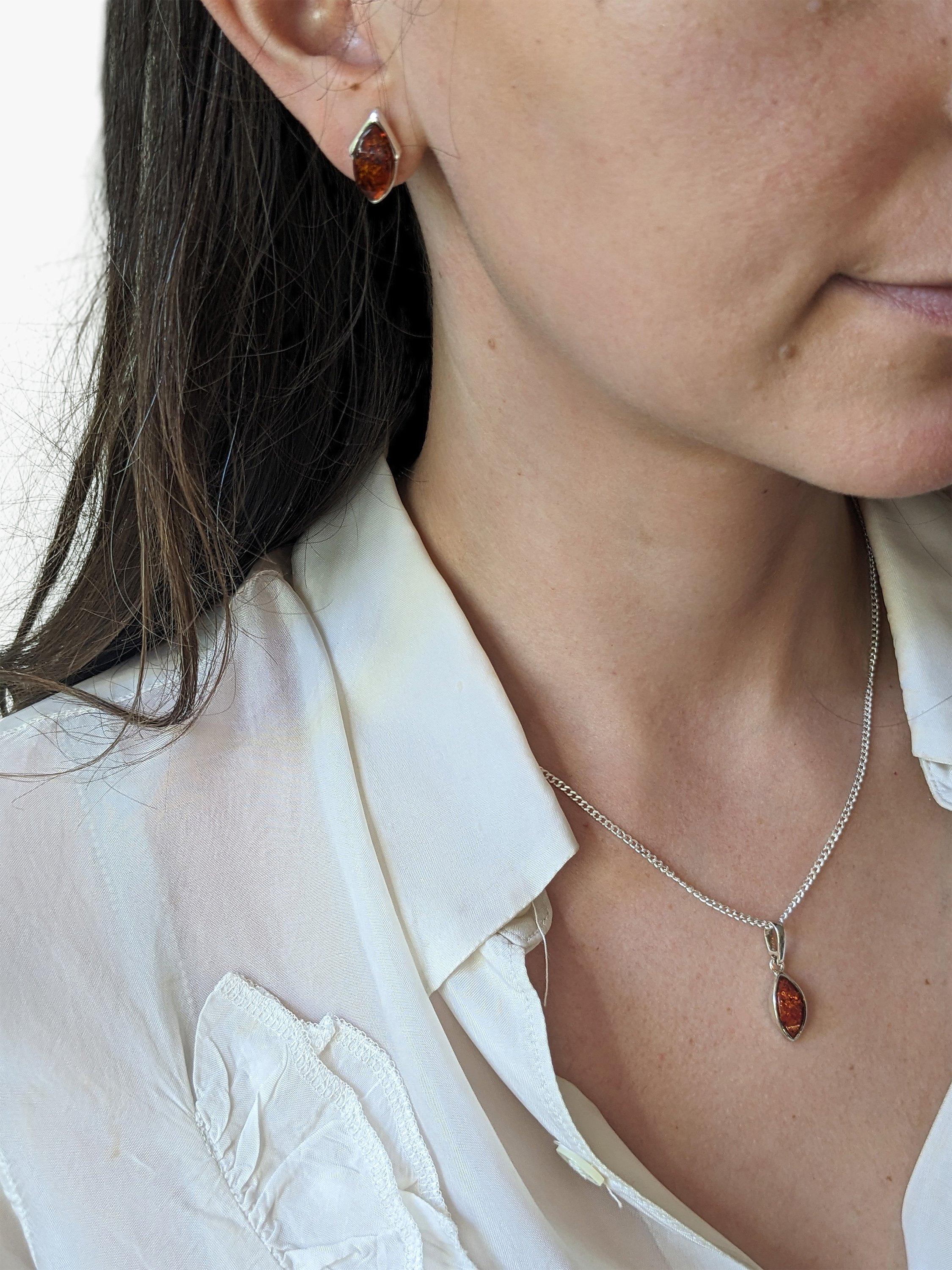 Product image 2 of 4, which shows Be-Jewelled Marquise Baltic Amber Stud Earrings, Silver/Cognac