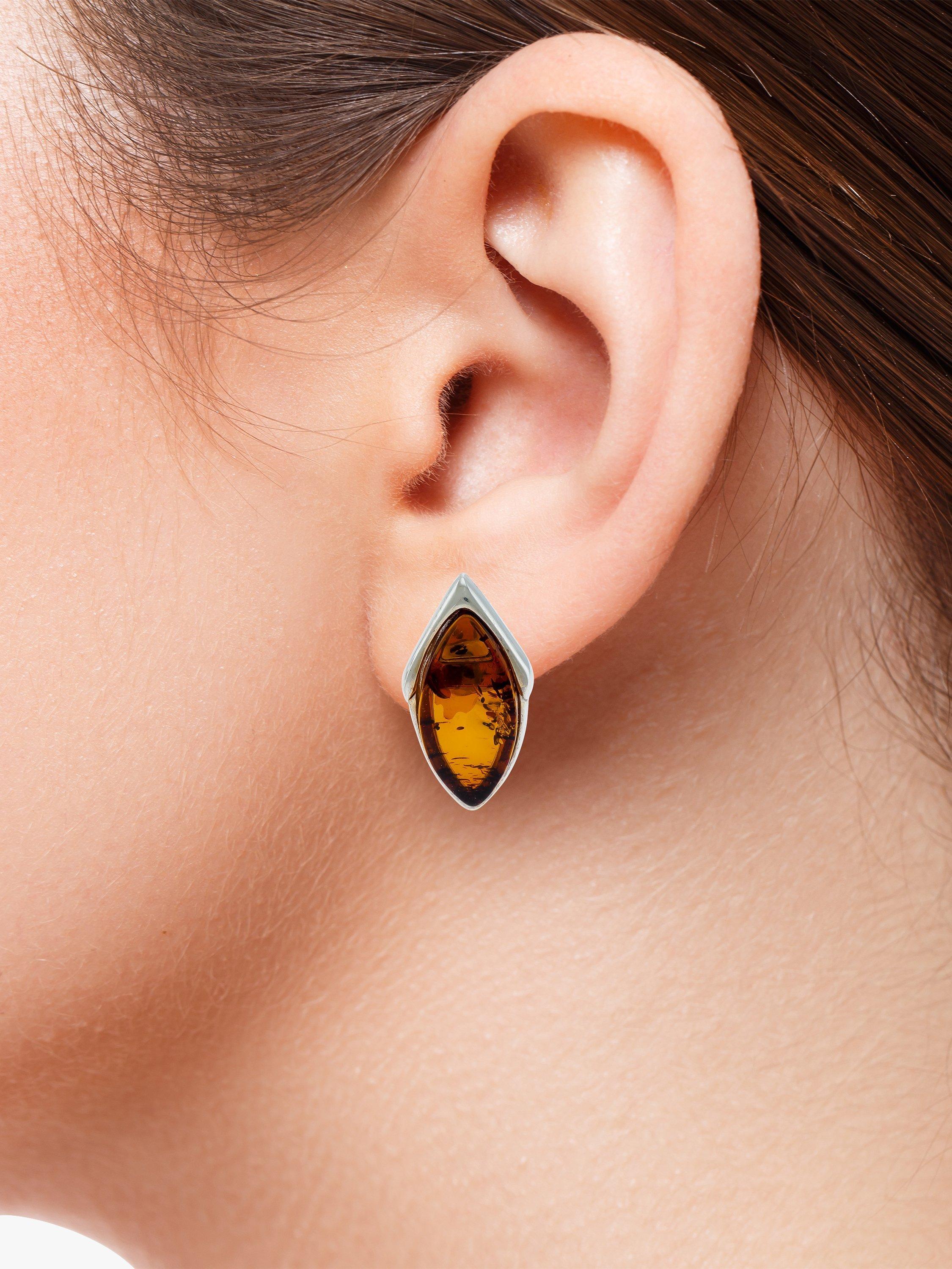 Product image 3 of 4, which shows Be-Jewelled Marquise Baltic Amber Stud Earrings, Silver/Cognac