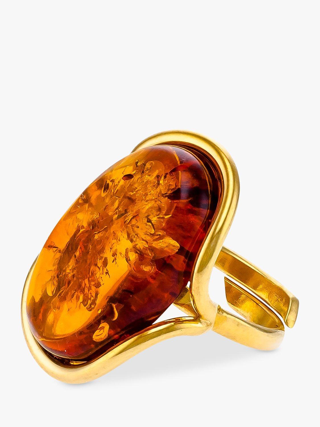 Product image 1 of 4, which shows Be-Jewelled Oval Baltic Amber Adjustable Ring, Gold/Cognac