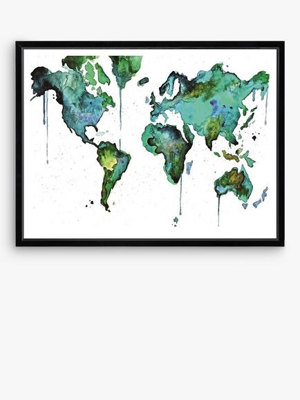 Brookpace Lascelles 'World' Abstract Map Framed Print & Mount, 81 x 101.5cm, Green/Blue, Green/Blue