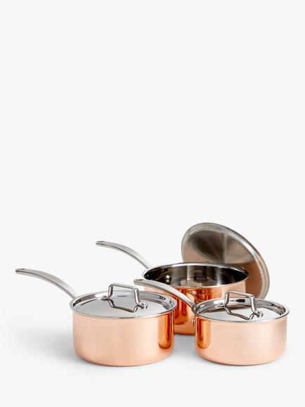 John Lewis Tri-Ply Stainless Steel Saucepan Set with Lids, 3 Piece, Copper, Copper
