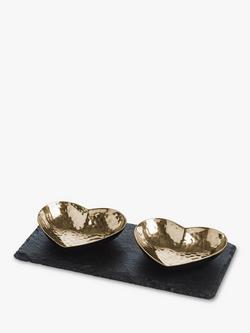 Selbrae House Slate Serving Board & Heart-Shaped Hammered Metal Bowls Set, Black/Gold, Black/Gold