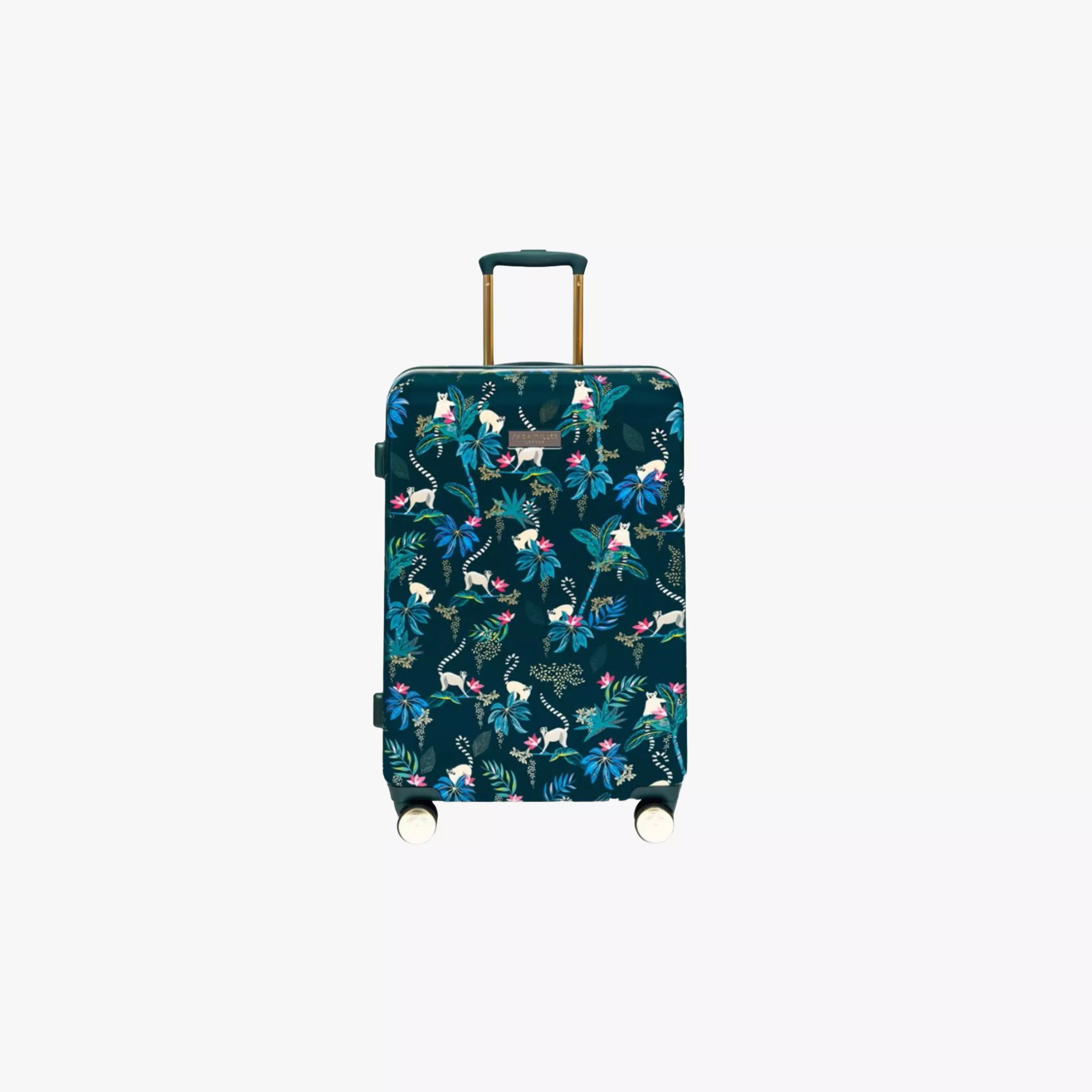 Teal hard-shell suitcase with tropical leaves and lemur print, four wheels and telescopic handle for travel luggage